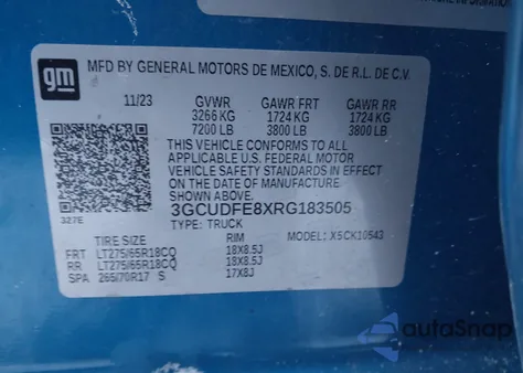 2024 Chevrolet Silverado 1500 4Wd Short Bed Lt Trail Boss from USA, damaged, VIN 3GCUDFE8XRG183505